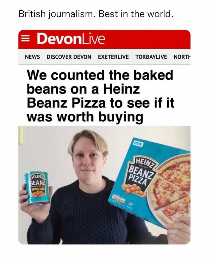 Person holding Heinz Beanz can and Heinz Beanz Pizza box, illustrating chaotic British memes from the U.K. perspective.