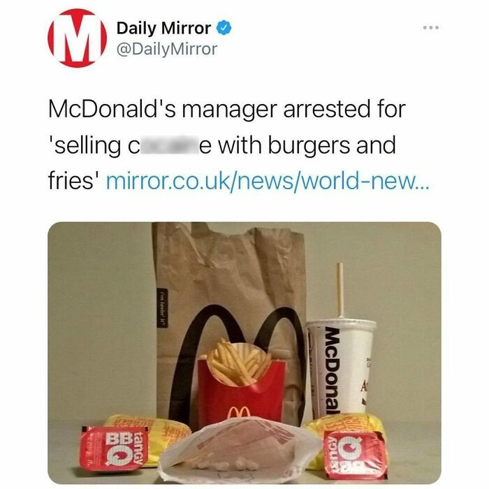 Tweet from Daily Mirror about McDonald's manager arrest paired with a chaotic British meme featuring a McDonald's meal tray.