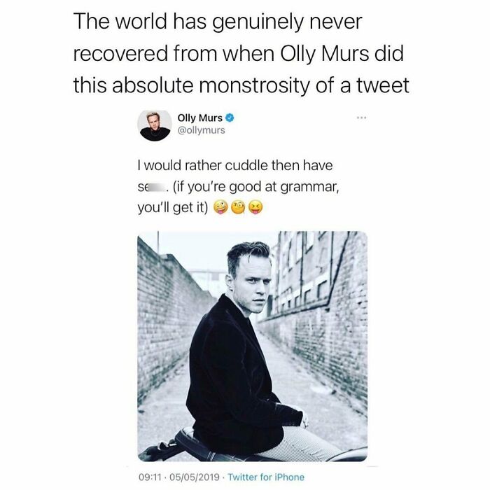 Tweet from Olly Murs with a humorous grammar mix-up, featured in chaotic British memes only UK people understand.