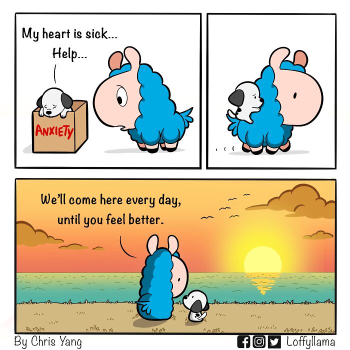 Cute wholesome comic of a blue llama comforting a sad puppy labeled anxiety by the ocean at sunset.