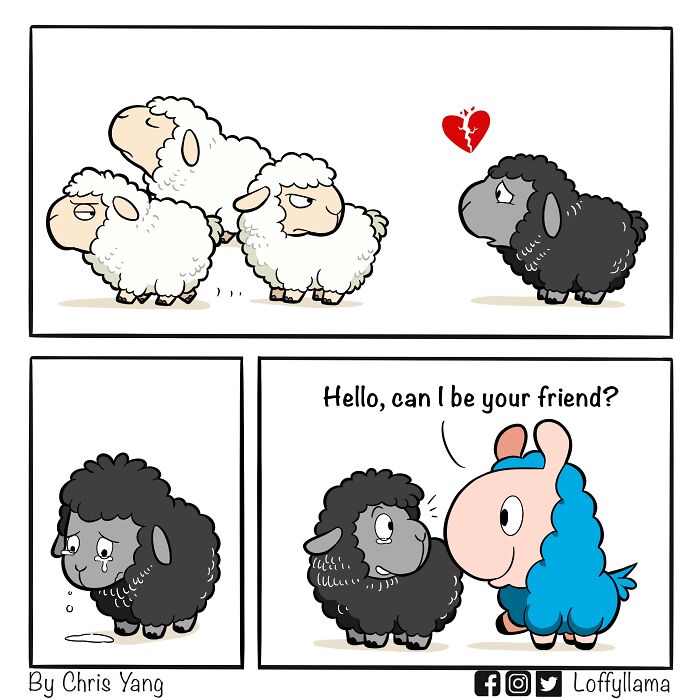 Wholesome comics show a sad black sheep rejected by white sheep and cheered up by a friendly blue sheep asking to be friends.