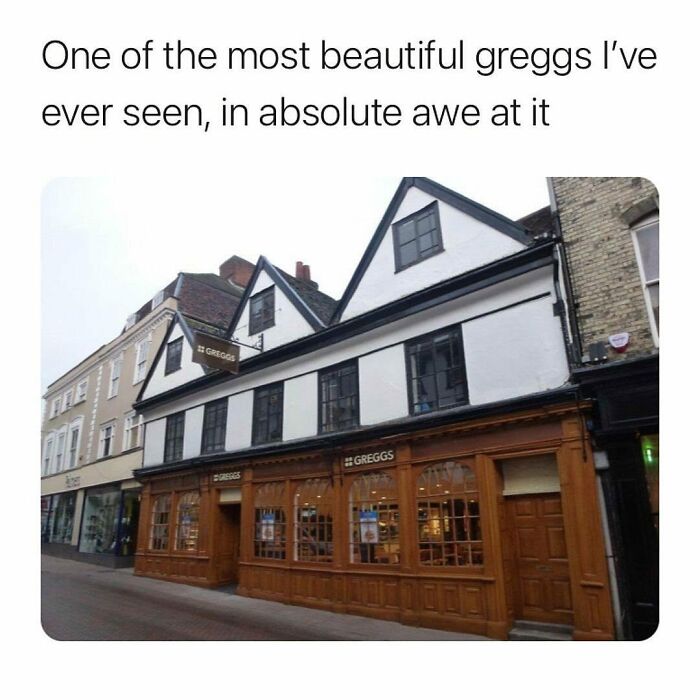 Historic-looking Greggs bakery exterior on a street, showcasing unique British memes featuring iconic UK locations.