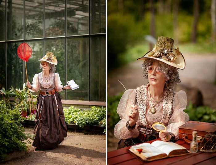 Woman in incredible cosplay with vintage hat and lace blouse posing in garden and reading at a table outdoors