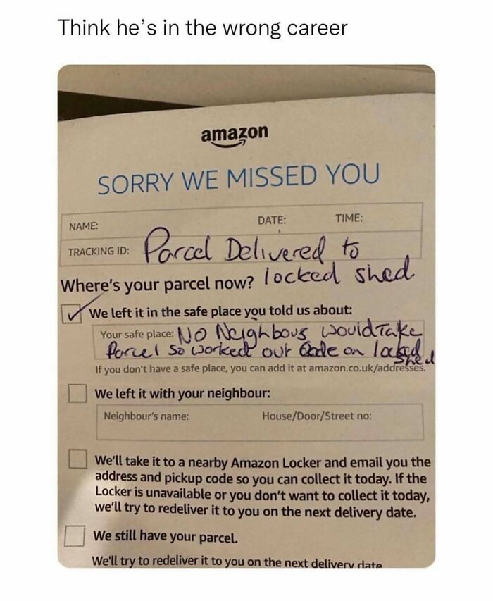 Amazon missed delivery note with sarcastic handwritten message about parcel location, a chaotic British meme reflecting UK humor.