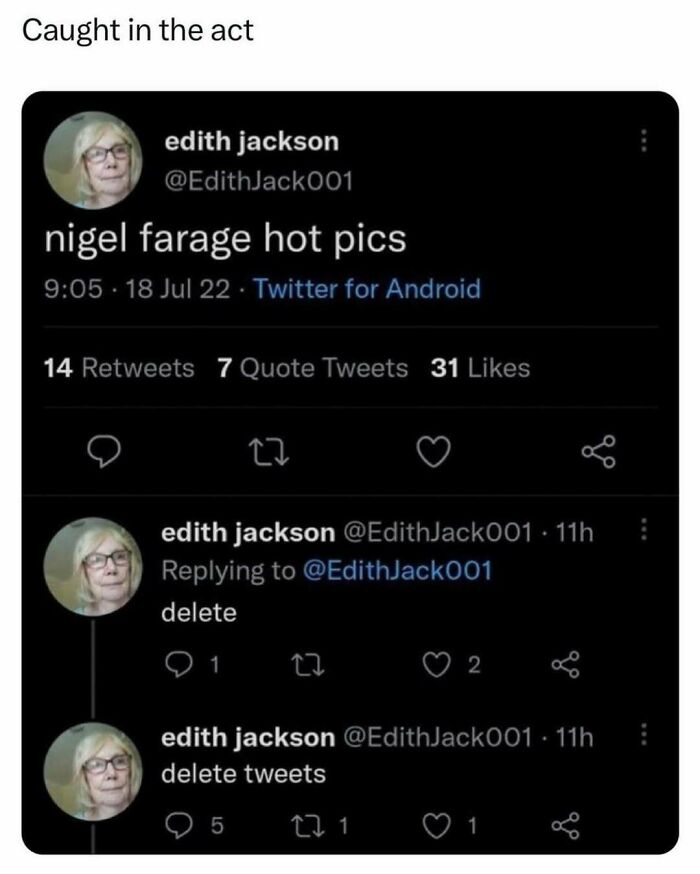 Screenshot of a chaotic British meme tweet about Nigel Farage with multiple delete tweet replies.