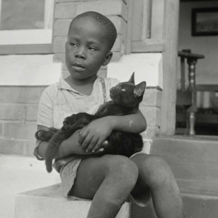 Young child sitting outside holding a vintage black cat, showcasing the timeless cuteness of cats from the past.
