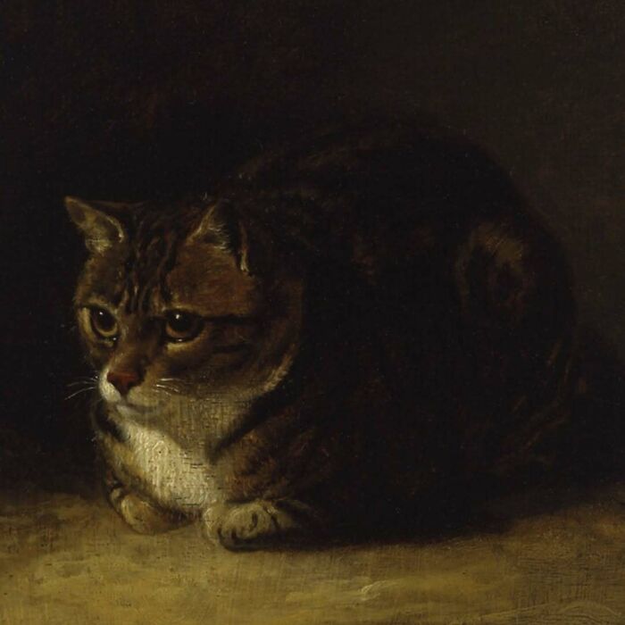 Vintage cat painting with a tabby cat resting on a dimly lit floor, showcasing classic feline cuteness in centuries past.