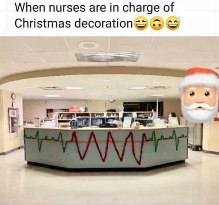 Hospital nurses’ station decorated with creative Christmas lights shaped like an EKG line, showcasing ingenious crafty ideas.