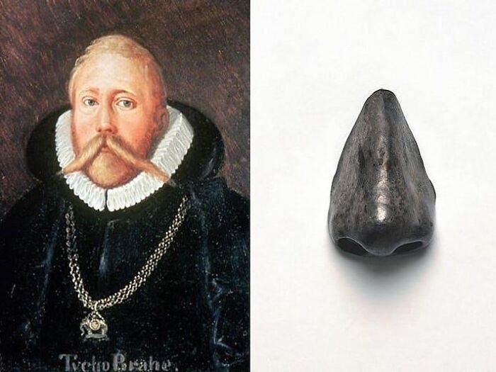 Historical photo of a 17th-century man with a unique mustache and an old prosthetic nose displayed on a white background.