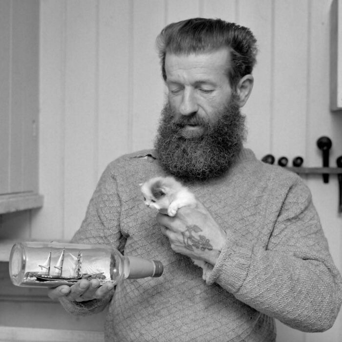 Man with a beard holding a vintage cat kitten and a ship in a bottle, showcasing a nostalgic moment with vintage cats.