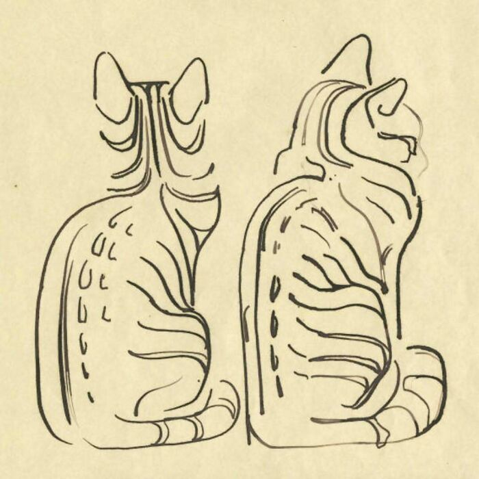 Two vintage cats drawn in simple black lines with stripes, showcasing classic feline shapes and poses.