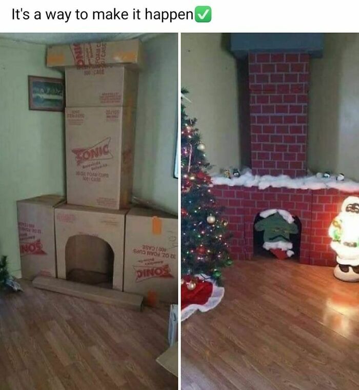 Before and after photos of a crafty cardboard fireplace makeover showcasing ingenious crafty ideas for home decor.