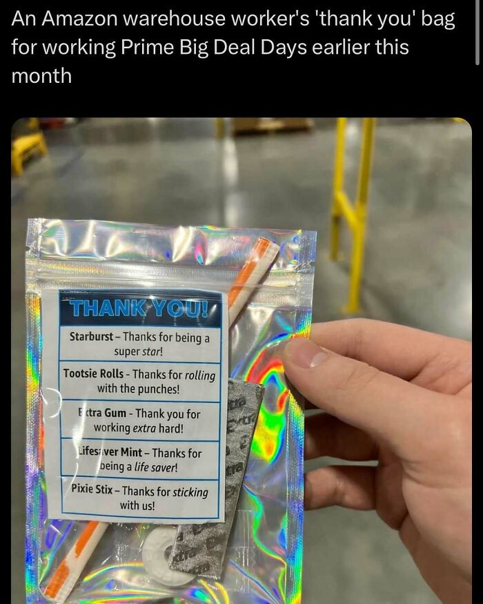 Hand holding a holographic thank you bag with candy, featured on an IG page disturbing 200K fans with daily cursed images.