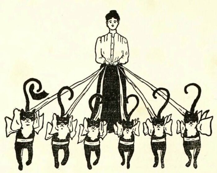 Vintage cats illustration with a woman holding leashes attached to six cats dressed in bows and costumes.