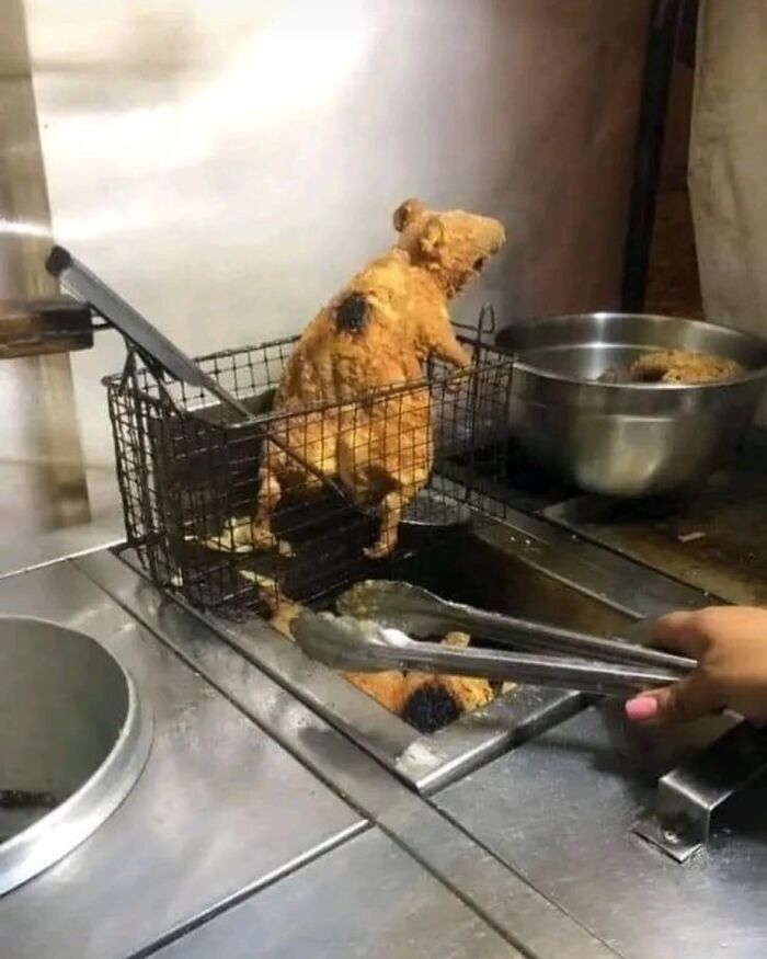 Fried food shaped like a rat being lifted from a fryer basket in a cursed image disturbing fans online.