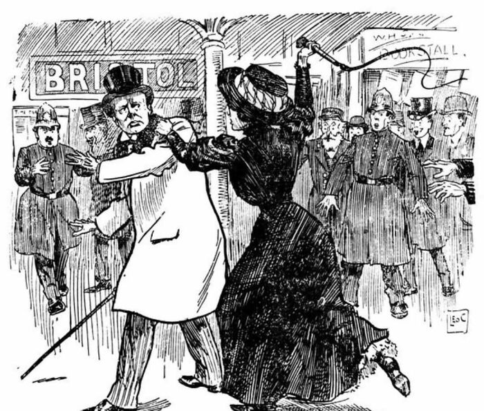 Vintage illustration of a common folk woman defending herself against a man, highlighting impact on society and history.