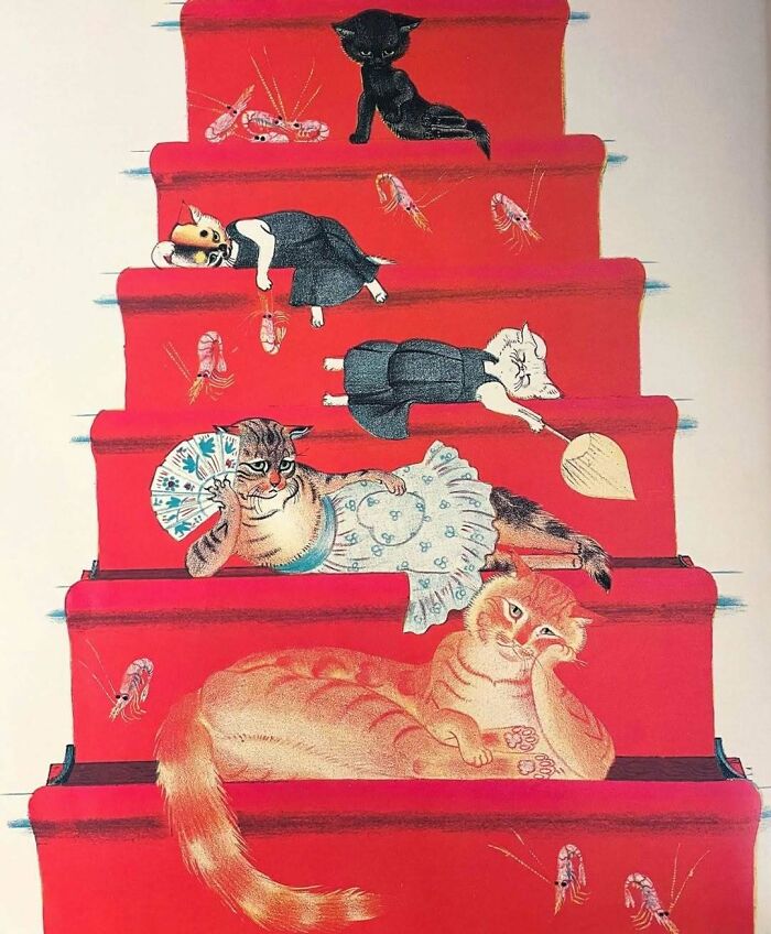 Vintage cats dressed in clothes lounging on a red staircase with illustrated shrimp for a vintage cats collection.