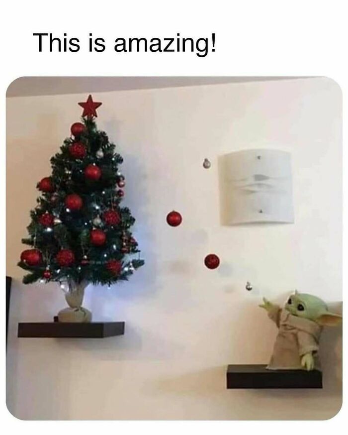 Mini Christmas tree and floating ornaments displayed with a Baby Yoda figure, showcasing ingenious crafty ideas from an IG account.