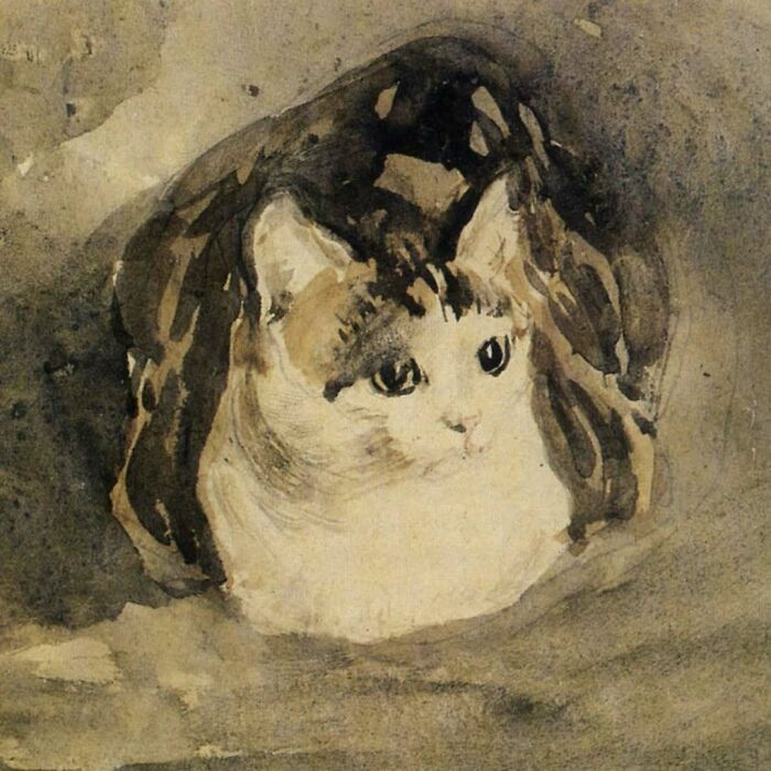Vintage cats painting showing a close-up of a cat's face with detailed eyes in muted sepia tones.