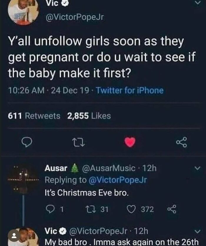 Twitter exchange with dark humor about pregnancy timing, shared as part of daily cursed images disturbing 200K fans.