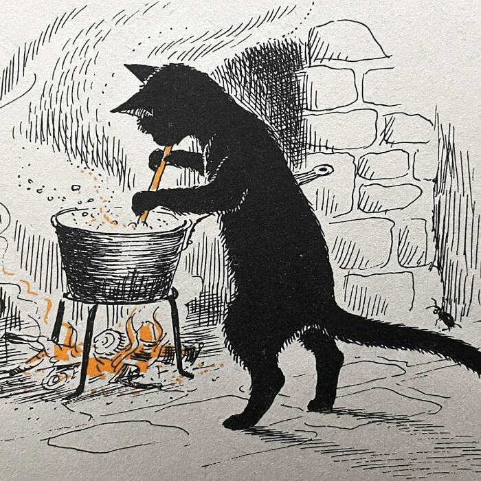 Vintage illustration of a black cat stirring a pot over a fire, showcasing the charm of vintage cats.