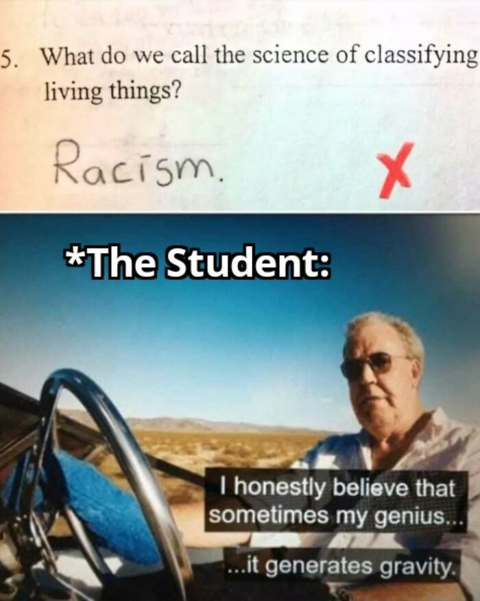 Humorous science meme showing a student’s incorrect answer and a confident claim about genius in a desert setting.