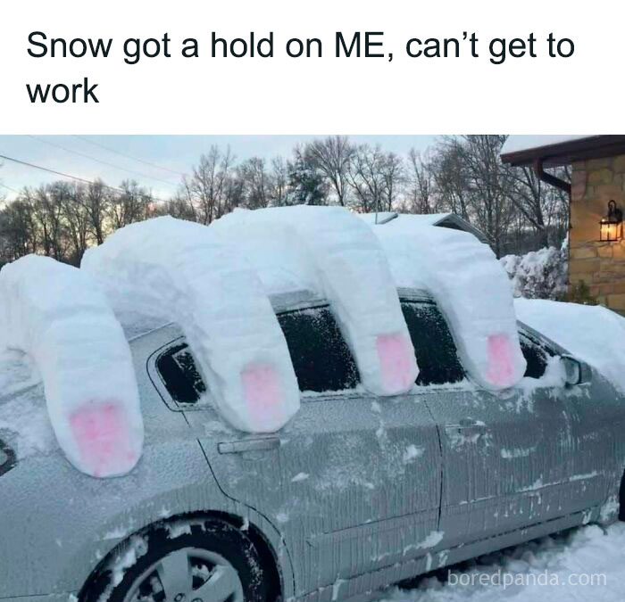 Car covered with snow shaped like giant fingers, showcasing ingenious crafty ideas for winter snow art.