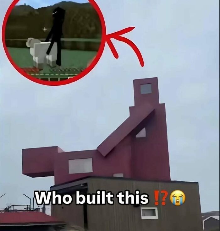 Abstract purple building with unusual shapes and inset of a pixelated cursed image, highlighting daily cursed images.