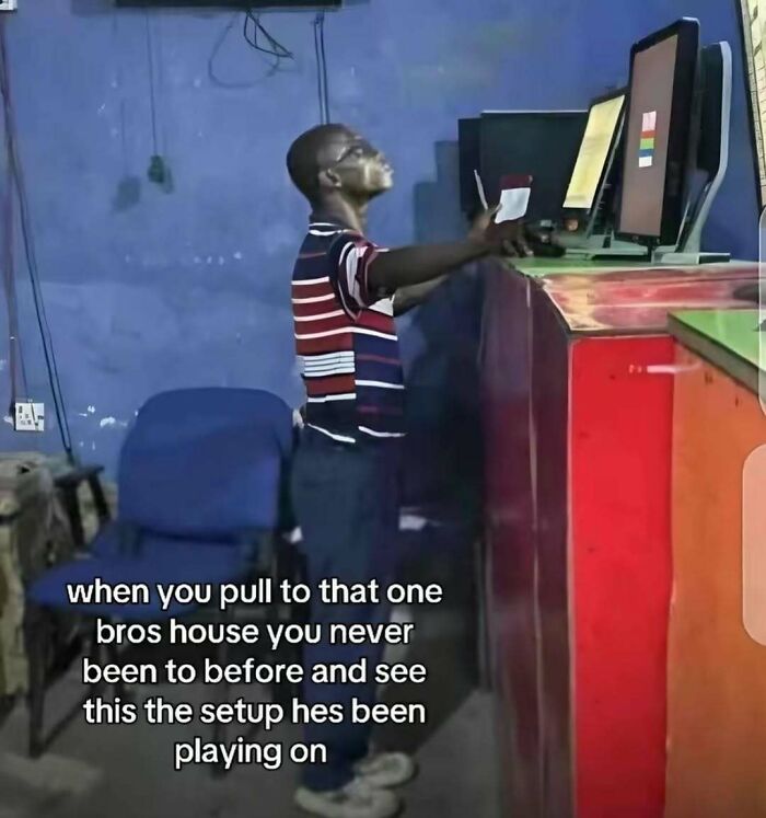 Boy using computer with caption about unfamiliar gaming setup, an example of daily cursed images from disturbing IG page.