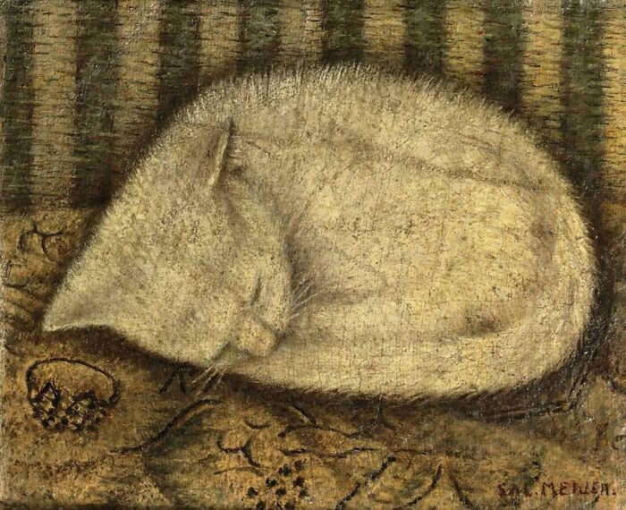Sleeping vintage cat curled up on a textured surface, showcasing classic artistic style and timeless feline charm.