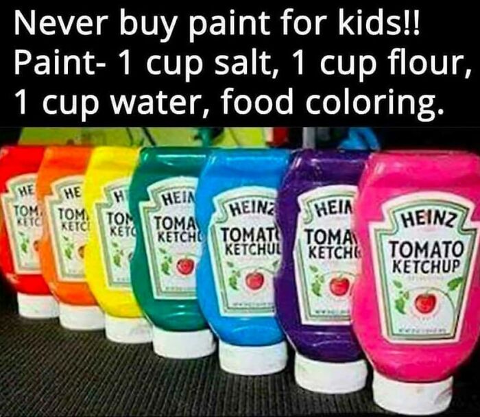 DIY kids paint idea using salt, flour, water, and food coloring in repurposed ketchup bottles, a crafty idea for creativity.