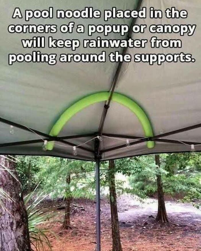 Ingenious crafty idea showing a pool noodle placed in canopy corners to prevent rainwater pooling around supports.
