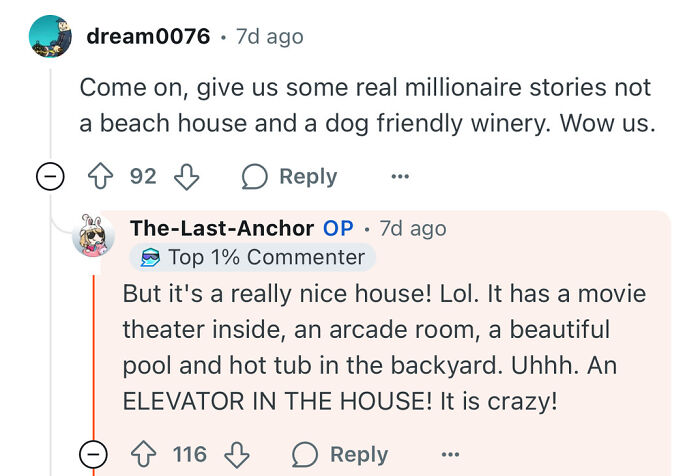 Reddit comments discussing a poor woman who dates a rich guy and how luxury home features changed her life.
