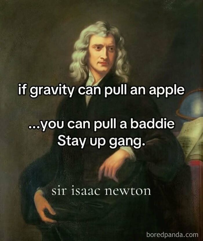 Portrait of Sir Isaac Newton with a science meme about gravity, relevant to science memes and photosynthesis humor.