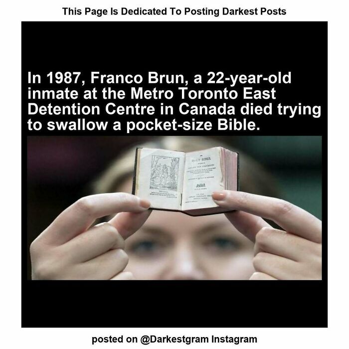 Close-up of hands holding a pocket-size Bible, illustrating a darkest page on Instagram with creepy story text.