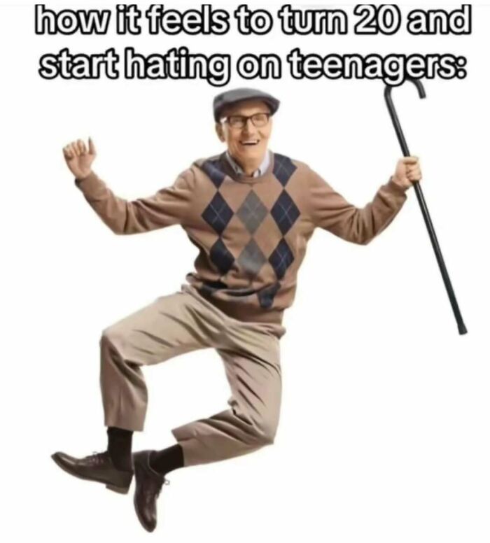 Elderly man jumping joyfully with a cane wearing a sweater, illustrating memes for broken sense of humor.