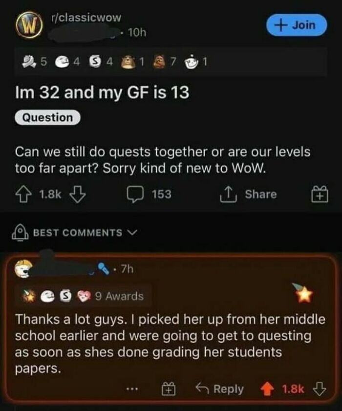 Reddit WoW post with humorous comments about questing levels, showcasing random memes that bring chaos and laughter.