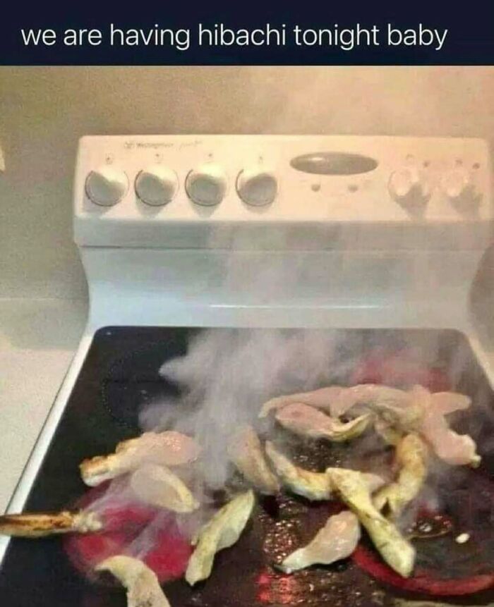 Stovetop with smoke and overcooked food, humorously reflecting broken sense of humor memes about cooking fails.