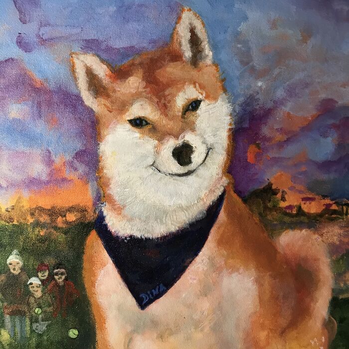 Colorful pet portrait painting of a smiling dog wearing a dark bandana against a vibrant outdoor background.