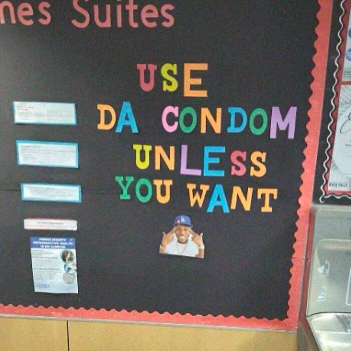 Bulletin board with colorful letters spelling a humorous warning, part of cursed images shared on an IG page disturbing 200K fans.