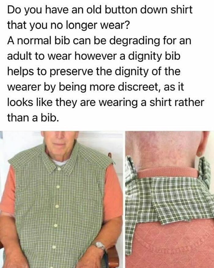 Crafty idea showing an old button-down shirt repurposed into a dignity bib for adults to wear discreetly.
