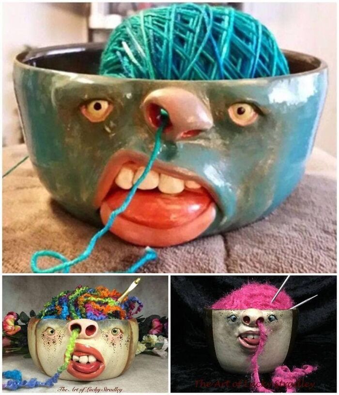 Unique crafty yarn bowls with faces designed to hold yarn for ingenious crafty ideas from an IG account collection.