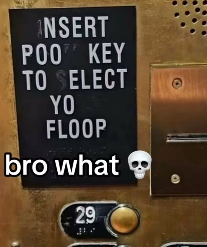 Elevator panel with a broken humor meme showing a misspelled sign and text saying bro what with a skull emoji.