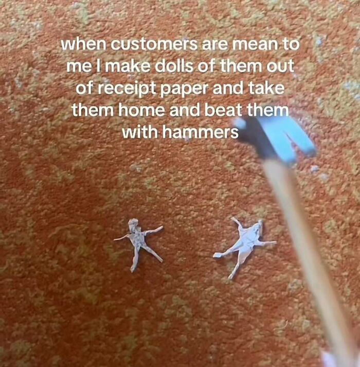 Paper dolls made from receipt paper on carpet with a hammer about to strike humor meme for broken sense of humor.
