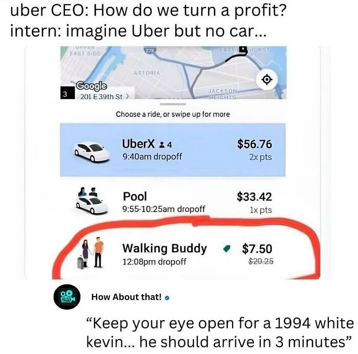 Uber meme showing ride options with a humorous walking buddy choice highlighted in red for random memes that bring chaos and laughter.