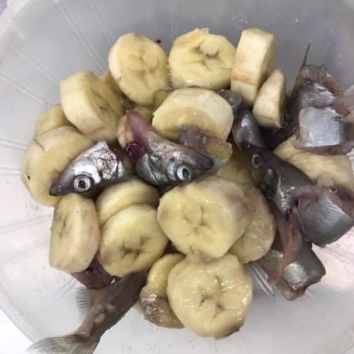 Sliced bananas mixed with small fish heads and bodies in a clear bowl, a daily cursed image disturbing fans.