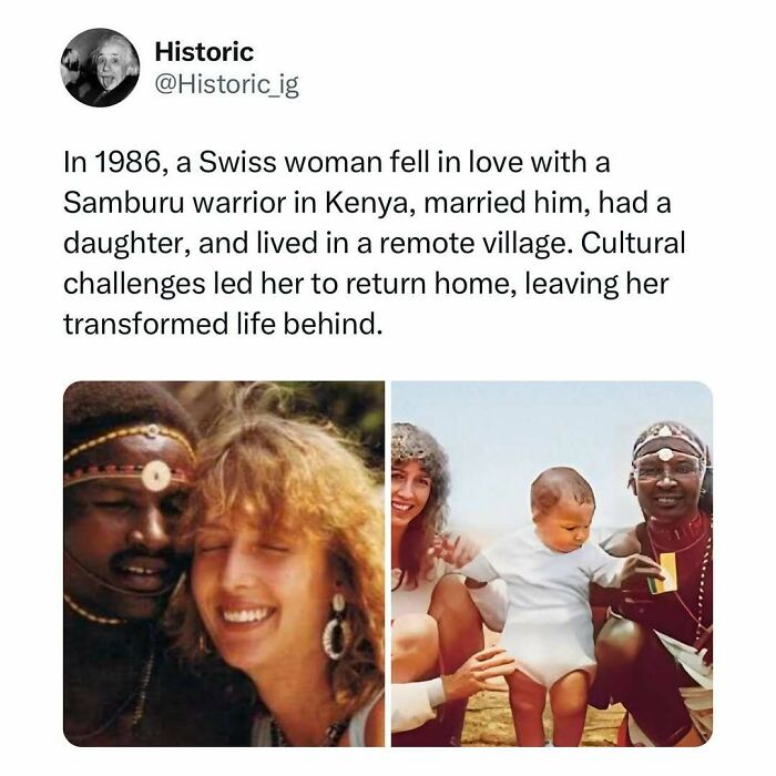 Historic photo of a Swiss woman and Samburu warrior in Kenya, showcasing an interesting story behind the historic moments.