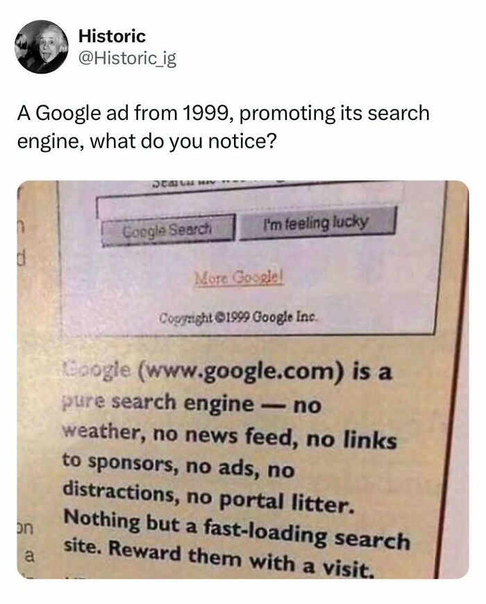Historic photo of a 1999 Google ad promoting a simple, fast-loading search engine with no ads or distractions.