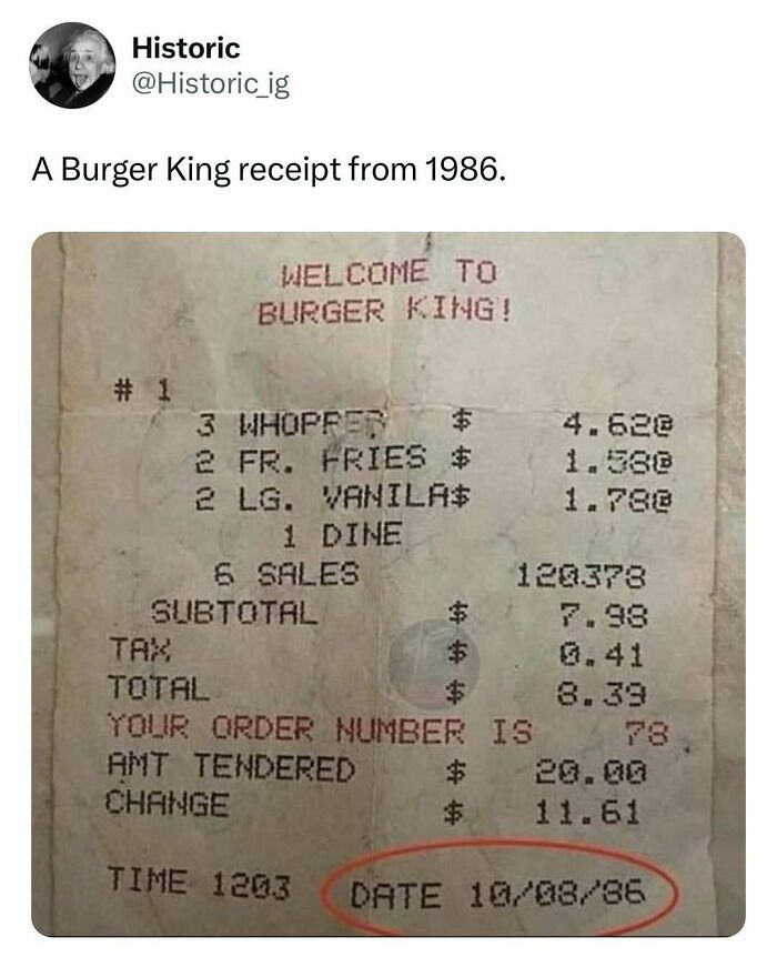 Vintage Burger King receipt from 1986 showing prices and items, featured in interesting historic photos collection.