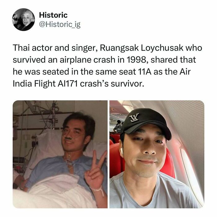 Thai actor Ruangsak Loychusak survives two plane crashes, shown in historic photos before and after recovery.